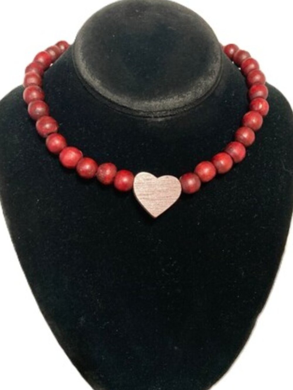 Heart Choker Necklace Love Romance Pendant Red Wood 10mm Beads